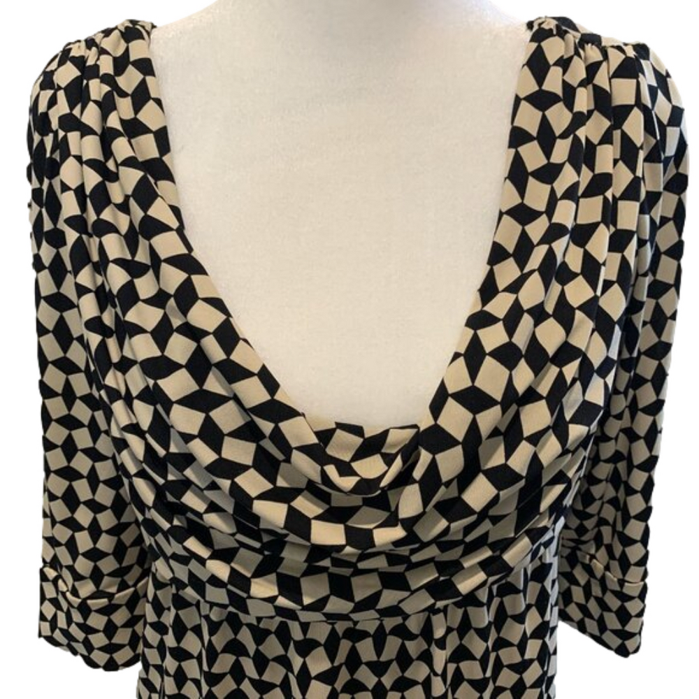 Suzi Chin geometric midi dress, quarter sleeves, cowl neck w/ drapes size 8
